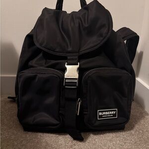Burberry Black Nylon Backpack with Front Pouches and Silver Buckle